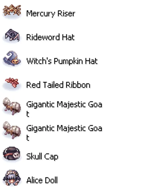 The headgear quest shop, listing recipes and what each one asks for