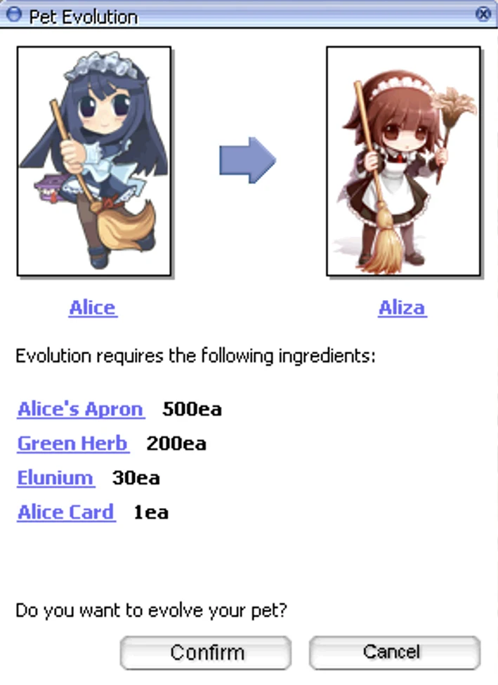 The pet evolution window, showing Alice evolving into Aliza and the ingredients it asks for